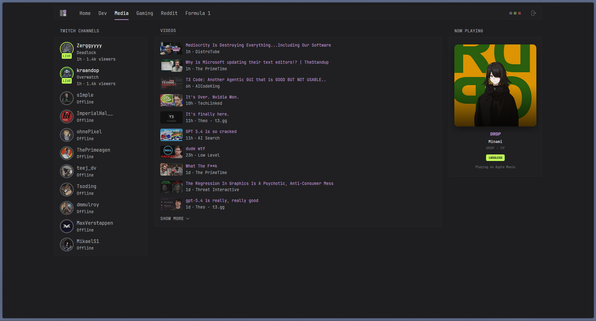 Media page with the Now Playing widget in the Glance dashboard