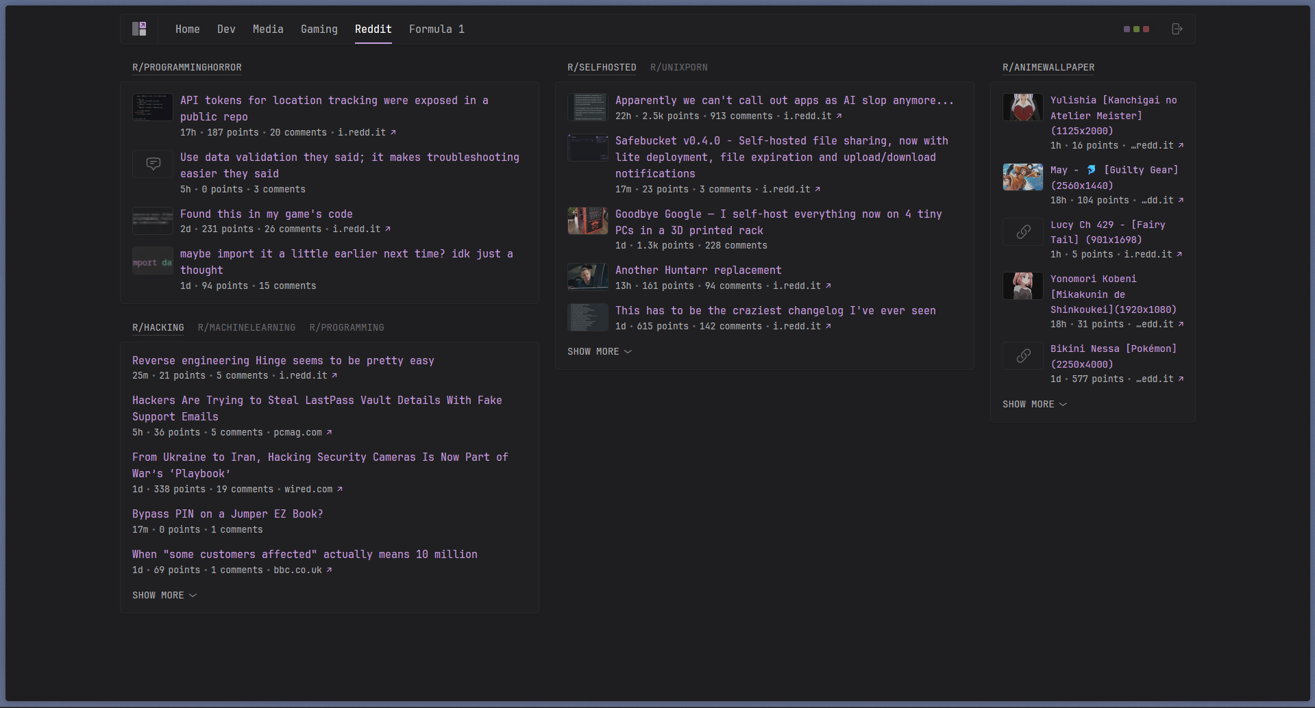 Reddit page layout in the Glance dashboard